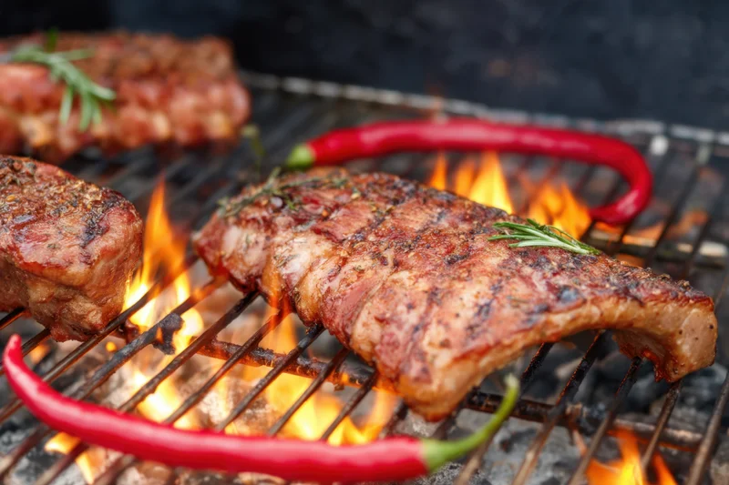 Grilled ribs sizzling on a barbecue grill with flames and red chili peppers