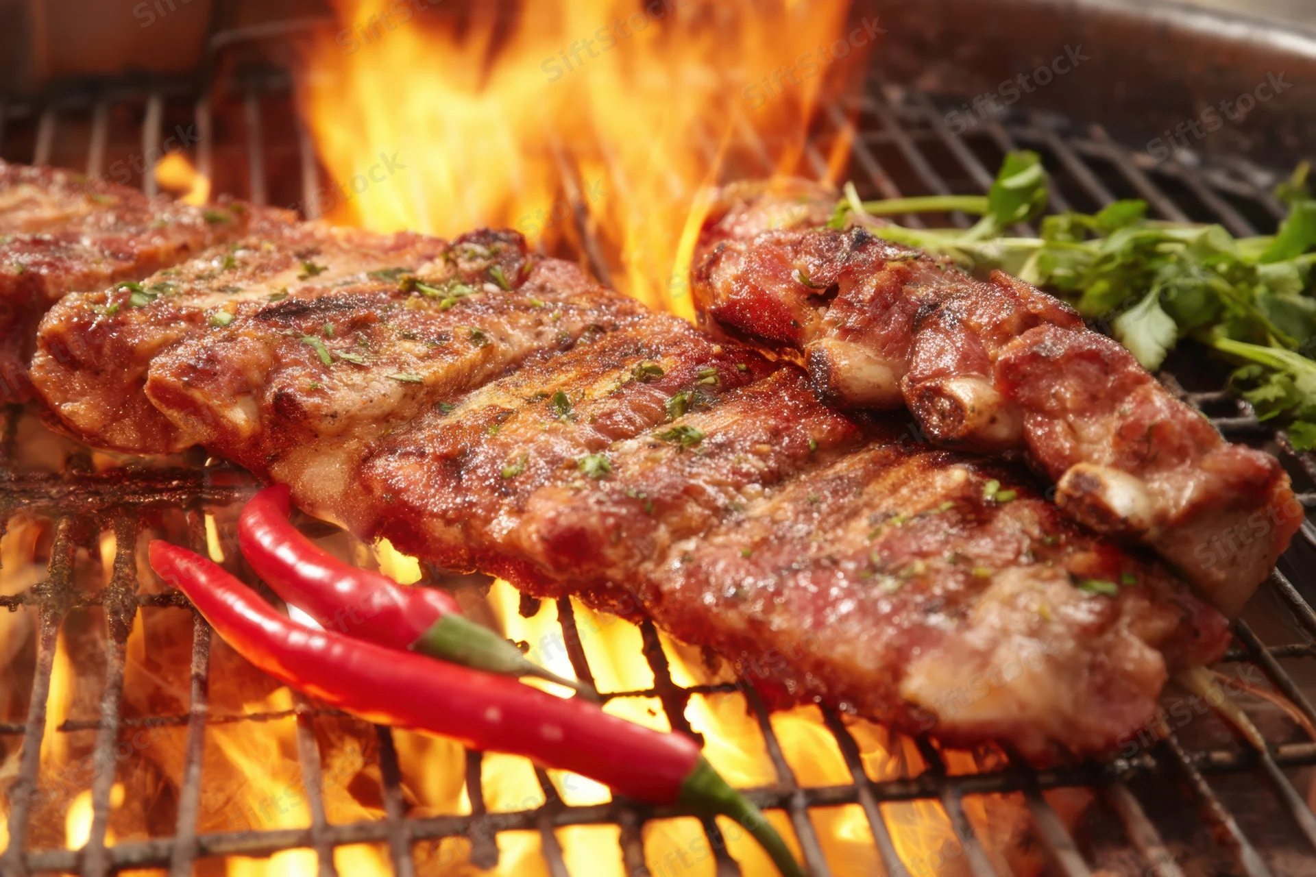 Grilled pork ribs sizzling on a barbecue grill with flames and red chili peppers