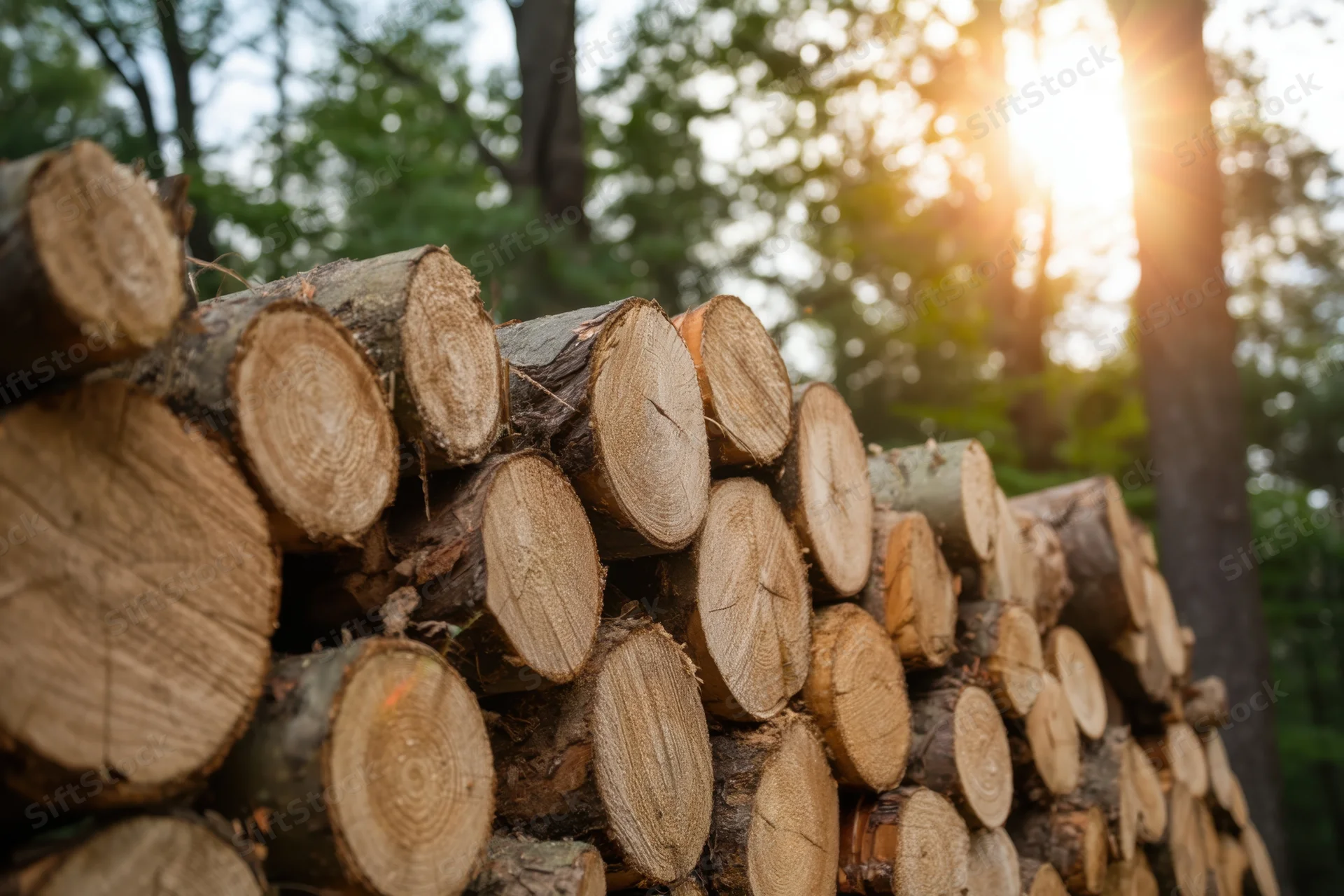 Neatly stacked logs in a forest with sunlight filtering through trees