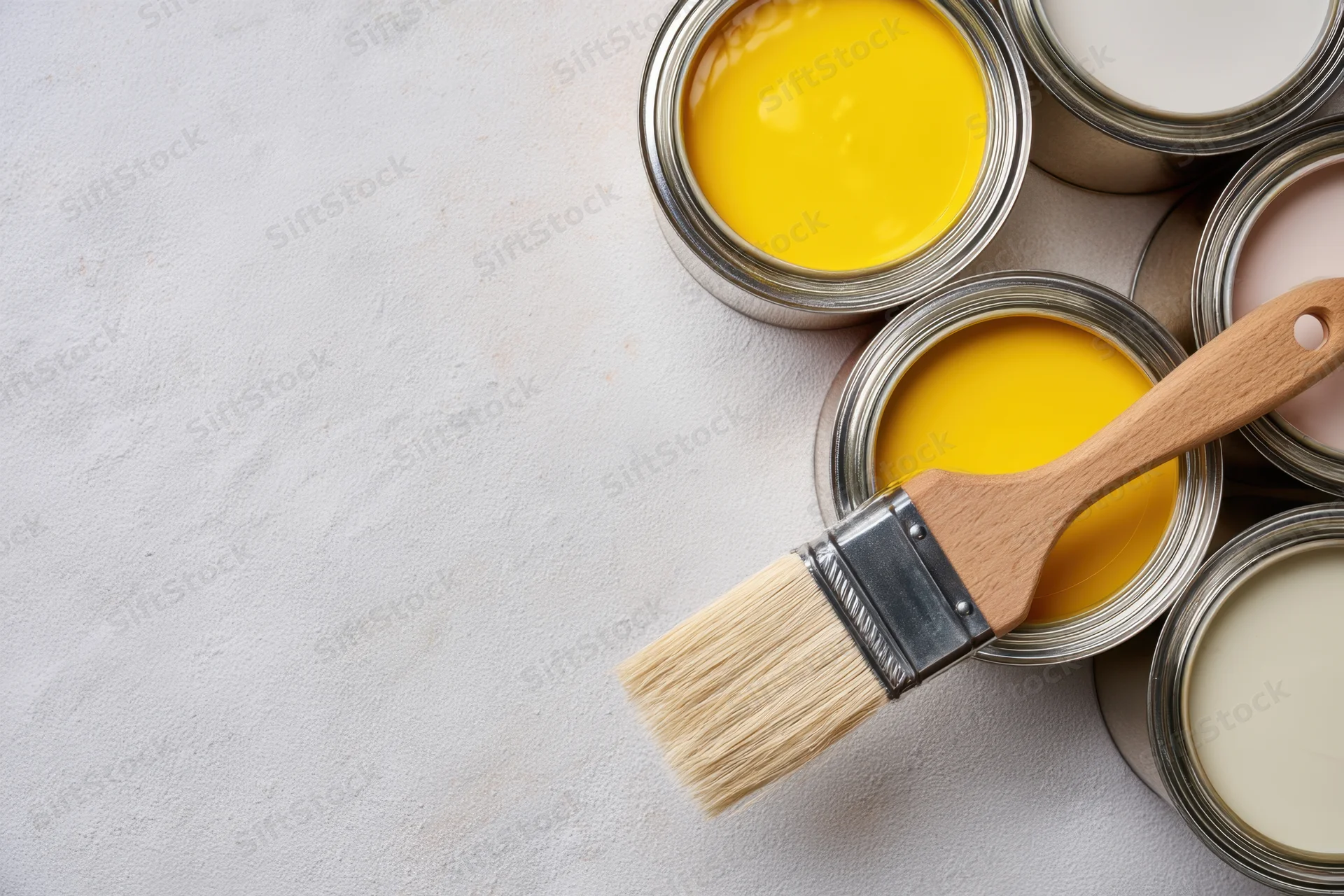 Open paint cans with a paintbrush arranged on a light textured surface in a minimalist composition