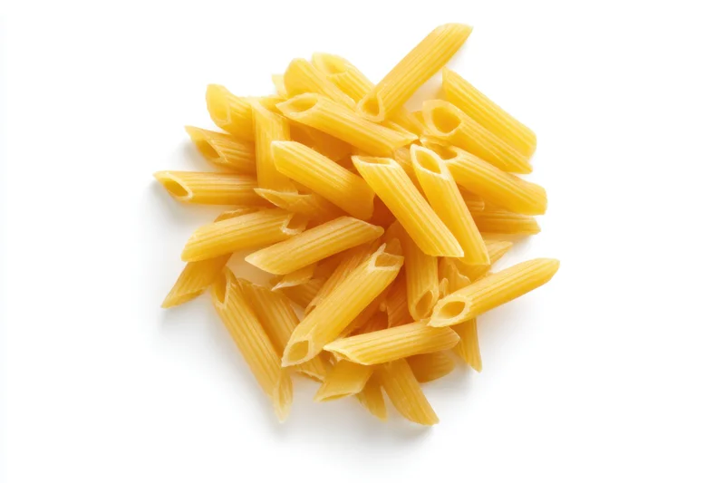 Raw uncooked penne pasta scattered in a heap on a clean white background