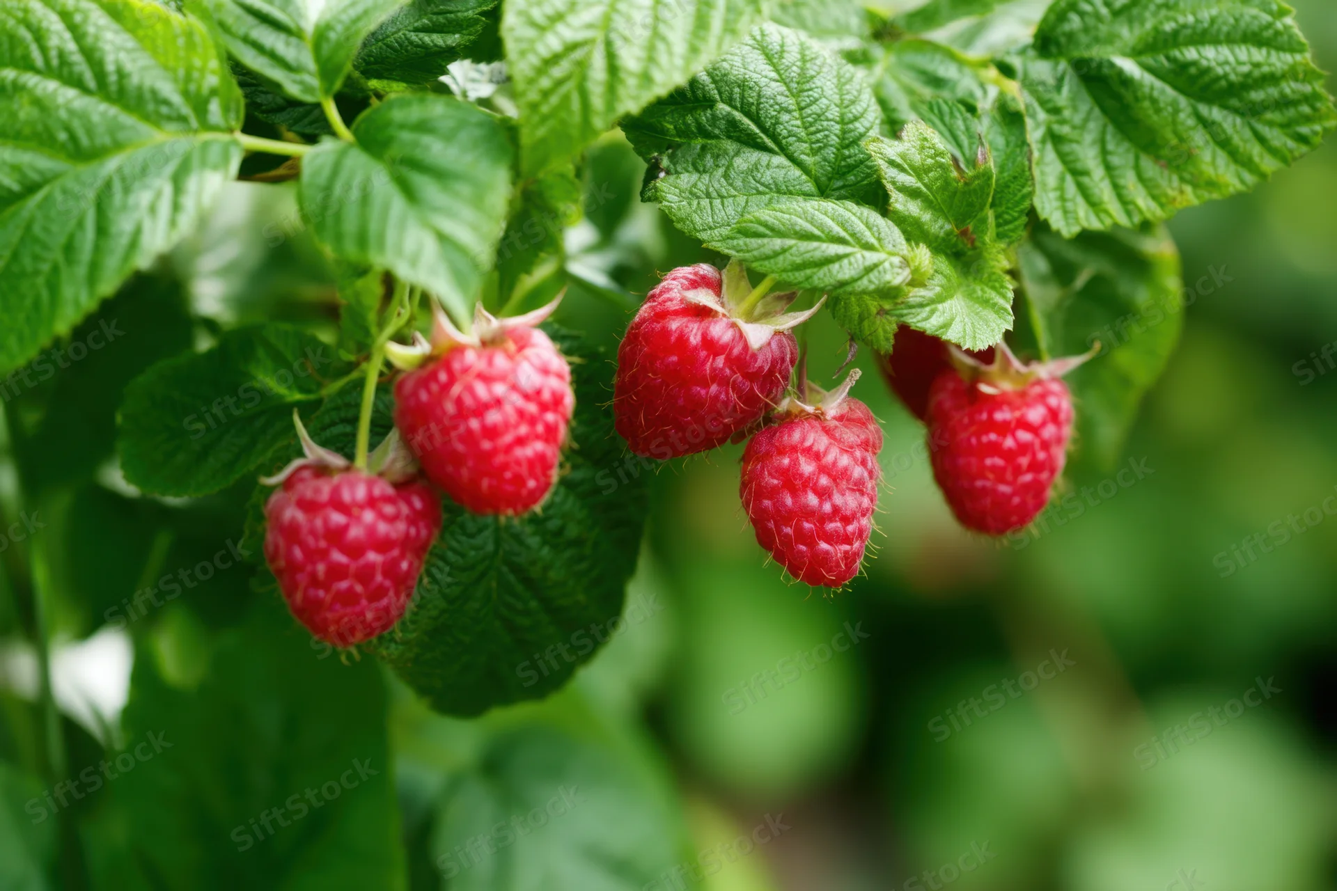 Ripe raspberries hanging from green leaves in a garden
