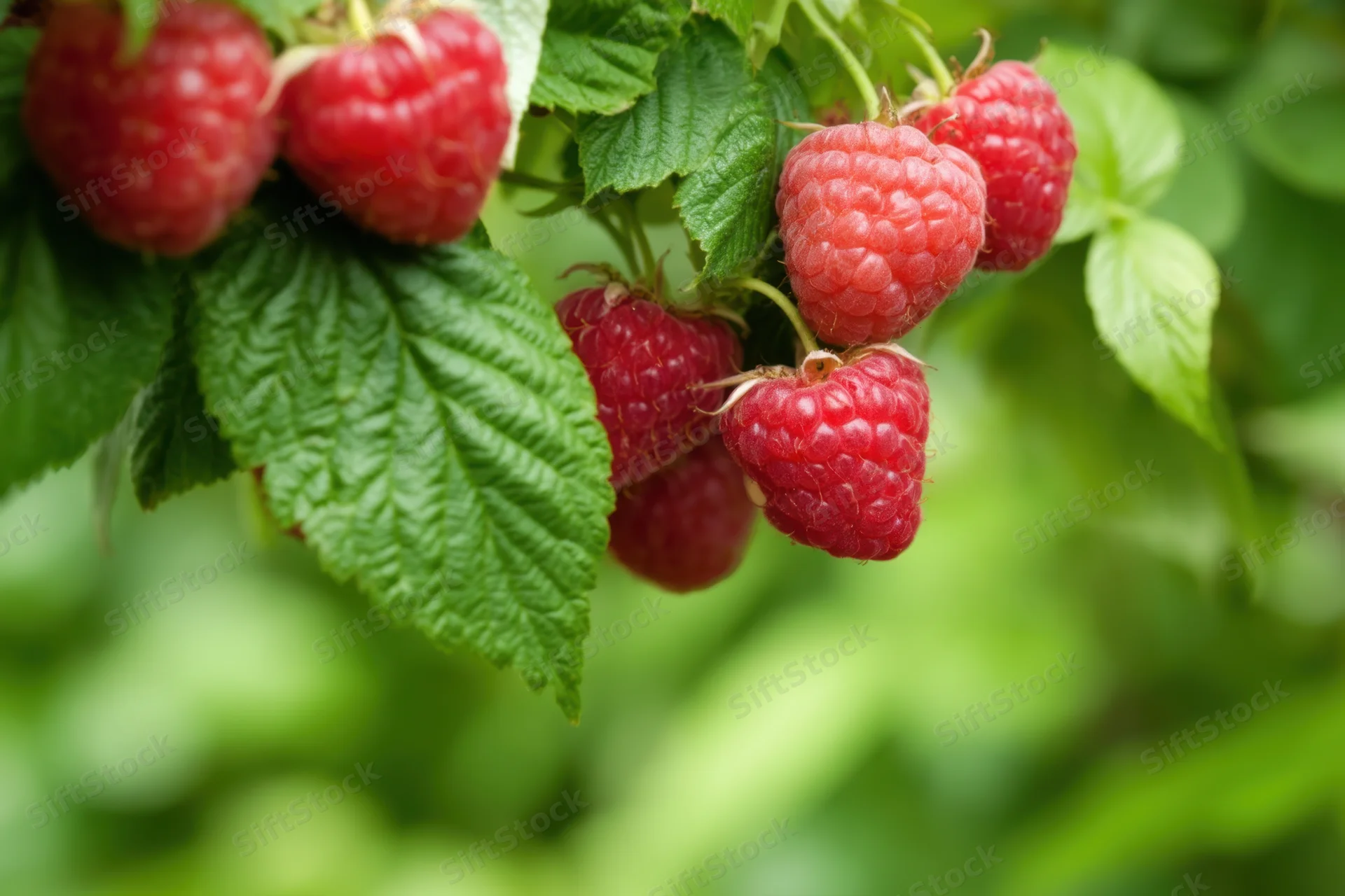 Ripe raspberries hanging from green leaves in a garden