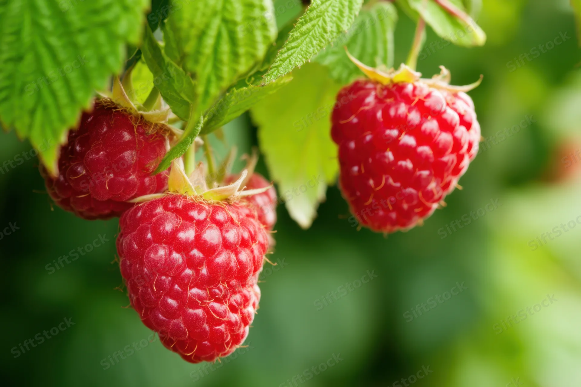 Ripe raspberries hanging from green leaves in a garden