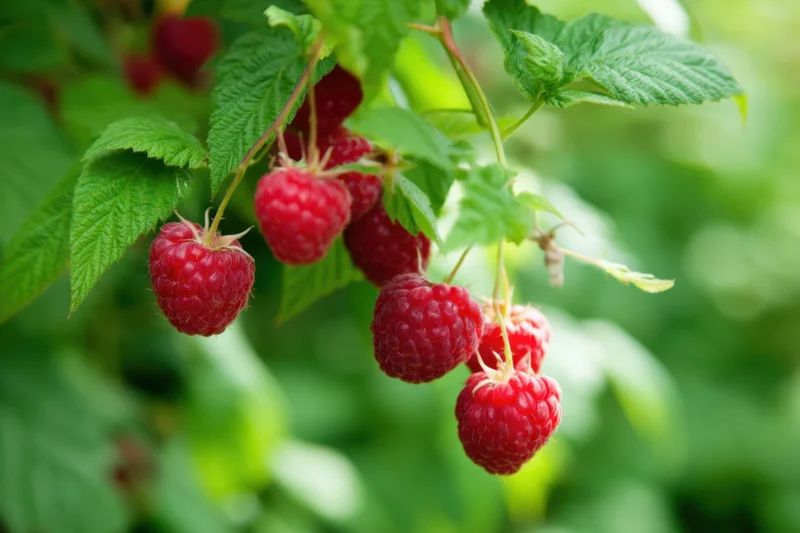Ripe raspberries hanging from green leaves in a garden