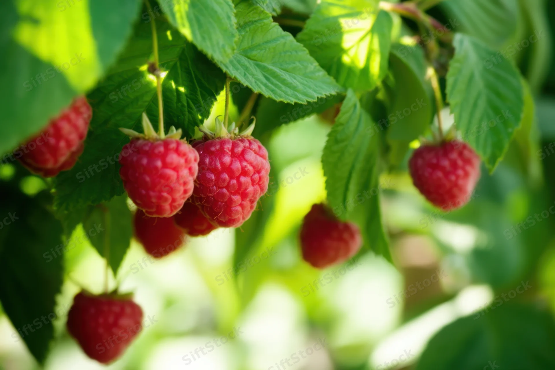 Ripe red raspberries hanging from green leaves in a garden