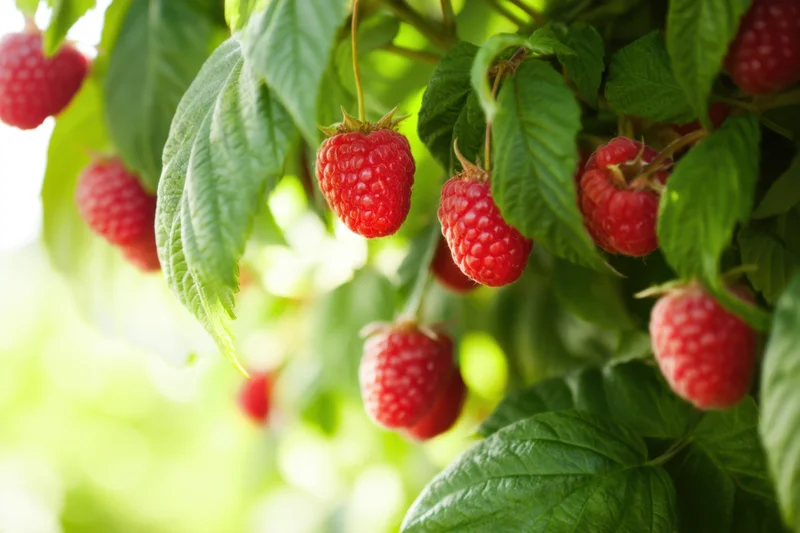 Ripe red raspberries hanging from green leafy bush in garden