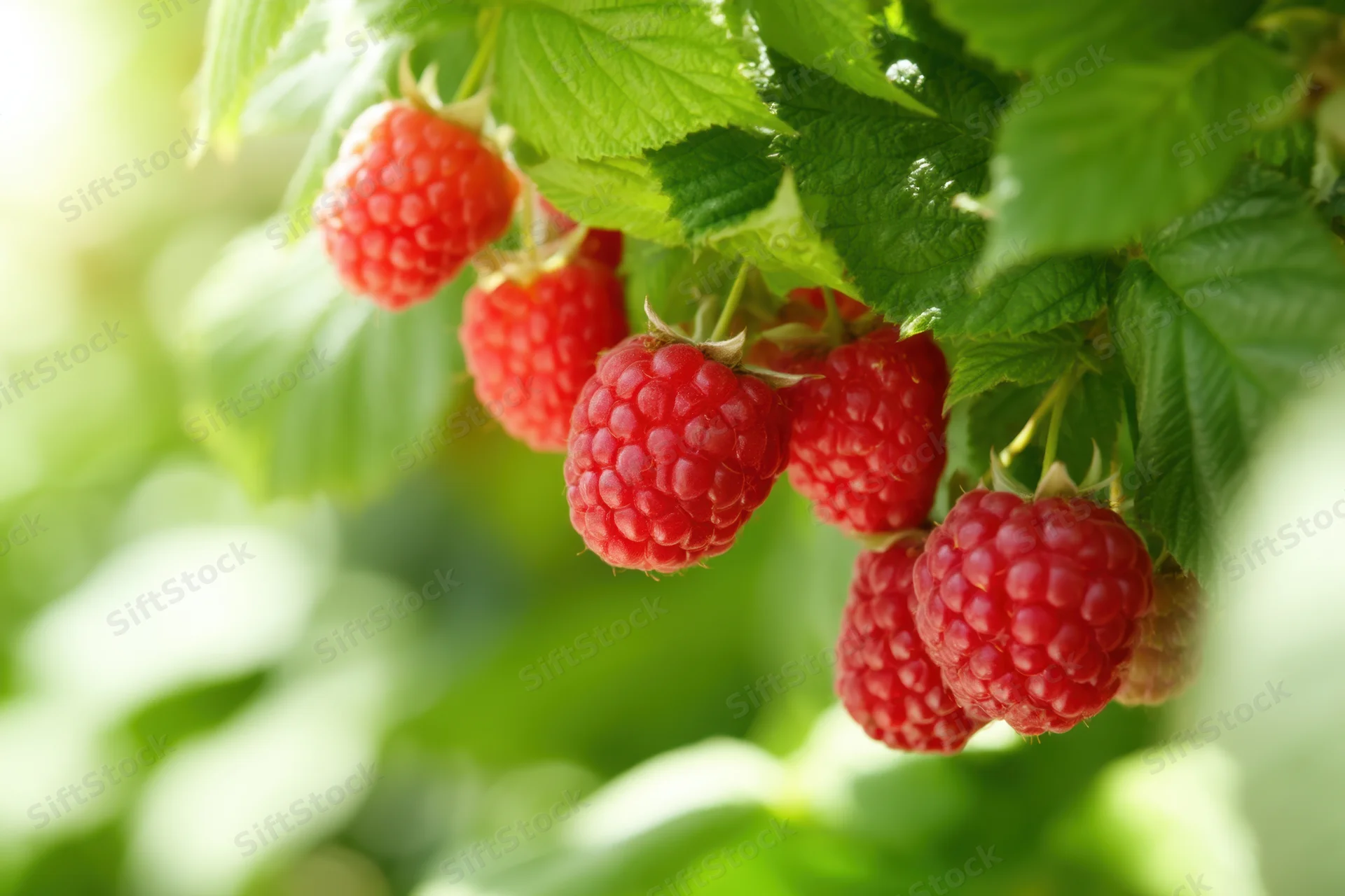 Ripe red raspberries hanging in a cluster from a leafy green bush in a garden