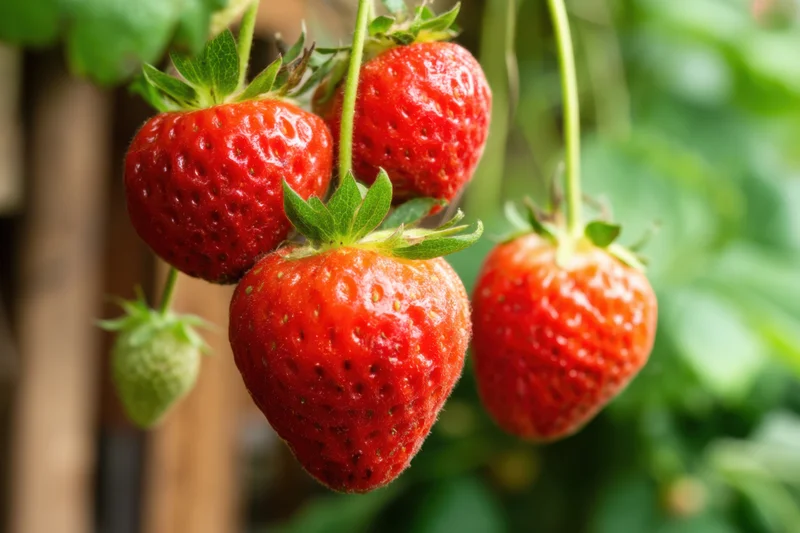 Ripe strawberries hanging from green vines in a garden