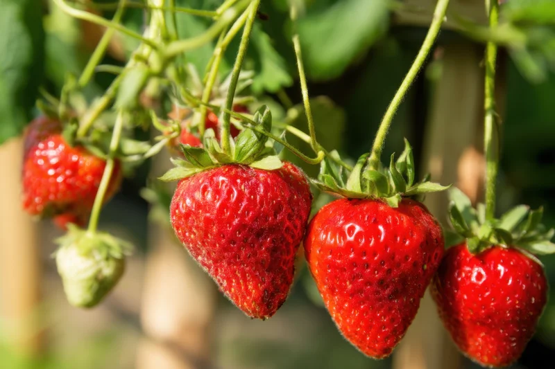 Ripe strawberries hanging from green vines in a garden