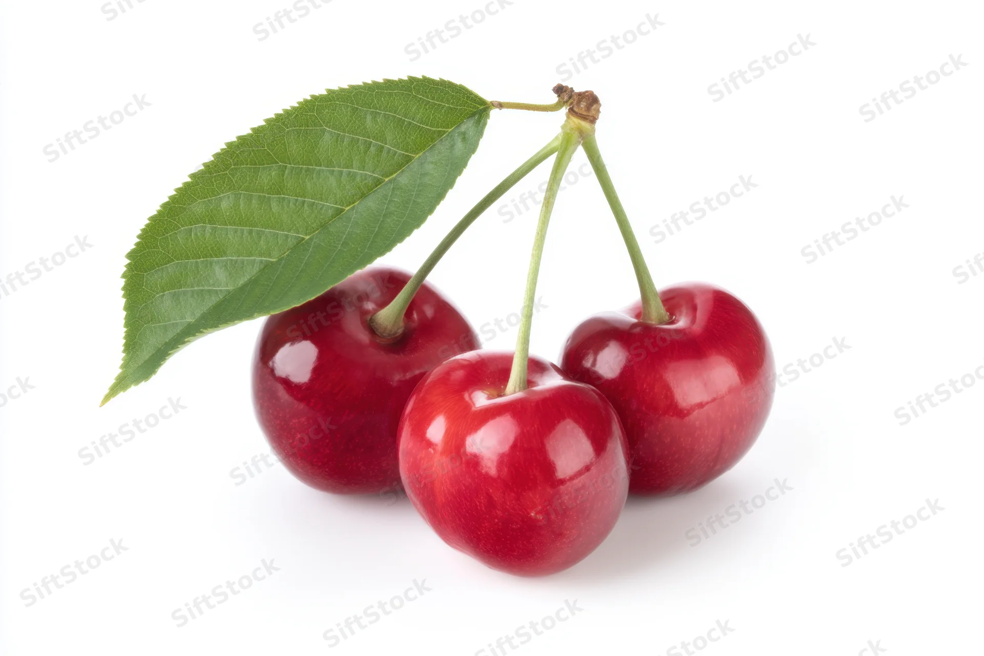 Three shiny red cherries with a green leaf attached, arranged on a white background