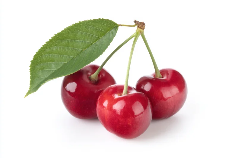 Three shiny red cherries with a green leaf attached, arranged on a white background