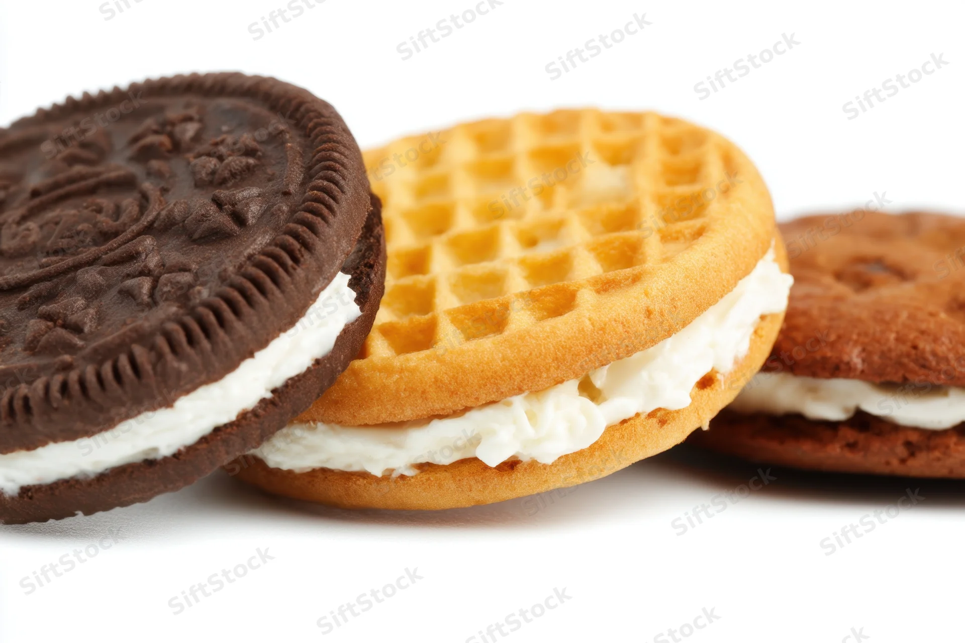 Three different types of sandwich cookies arranged side by side on a white surface