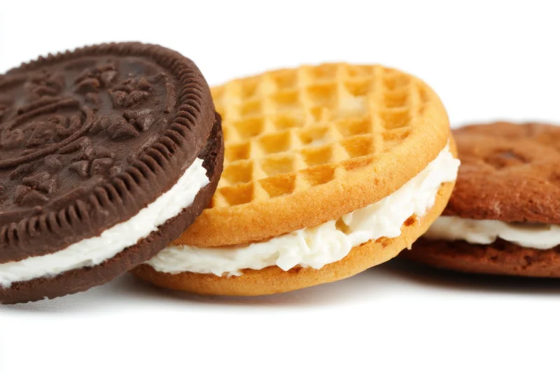 Three different types of sandwich cookies arranged side by side on a white surface