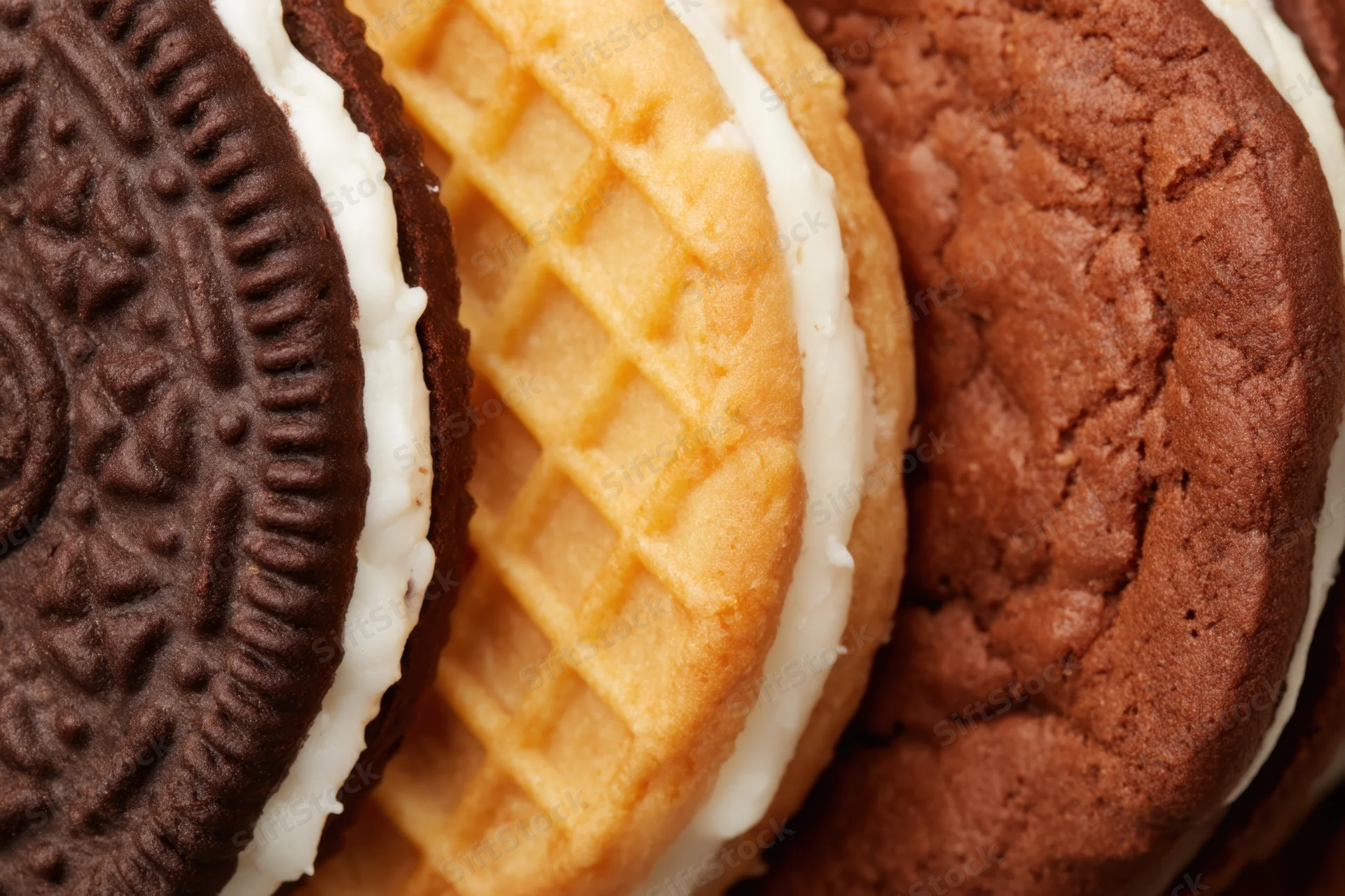 Three types of sandwich cookies arranged side by side in close-up view