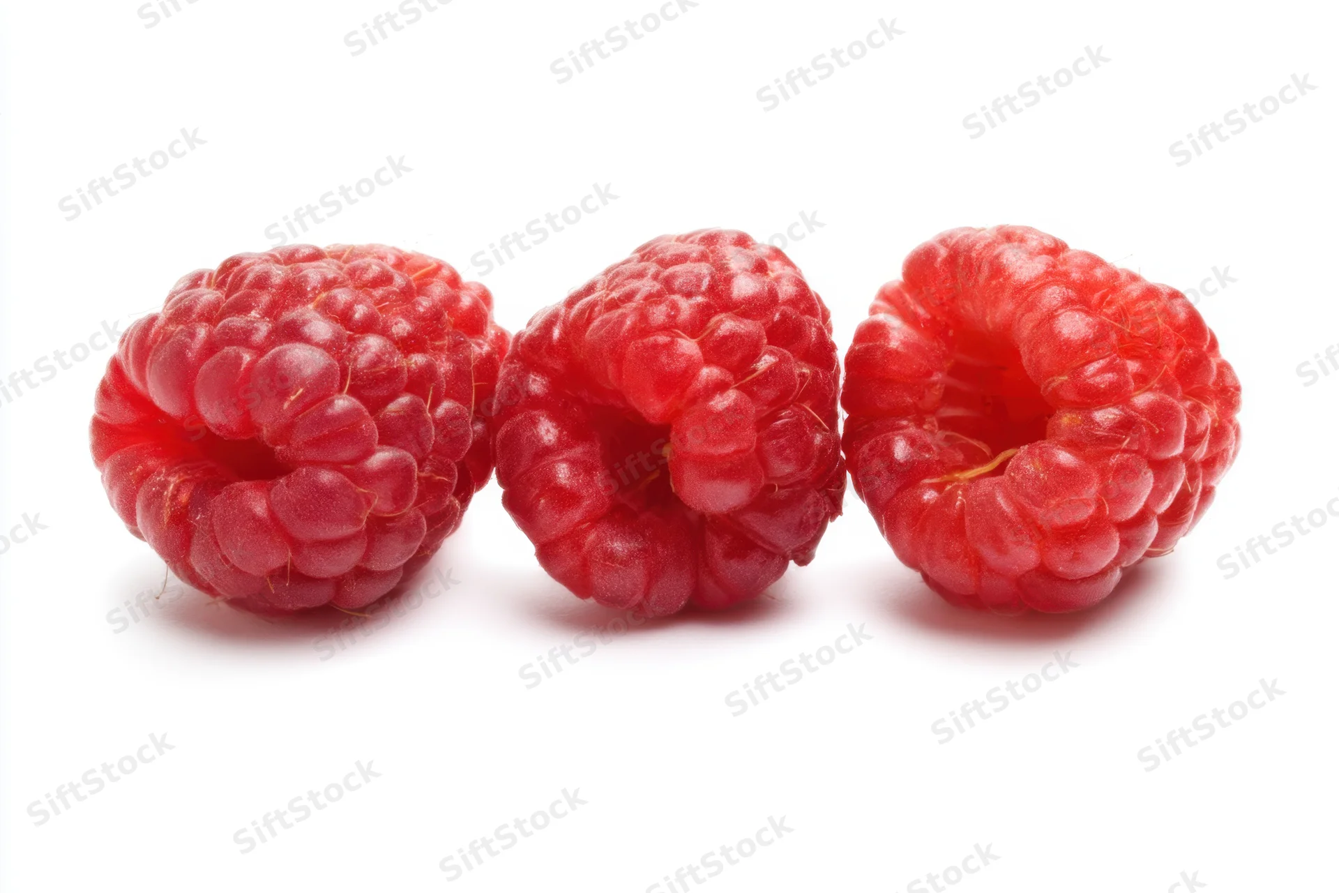 Three fresh raspberries arranged in a line on a white background