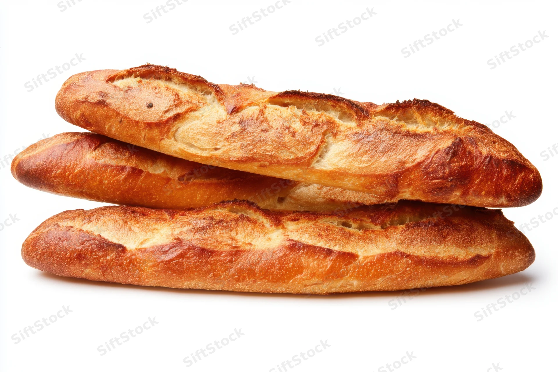 Three golden-brown baguettes stacked neatly on a clean white surface