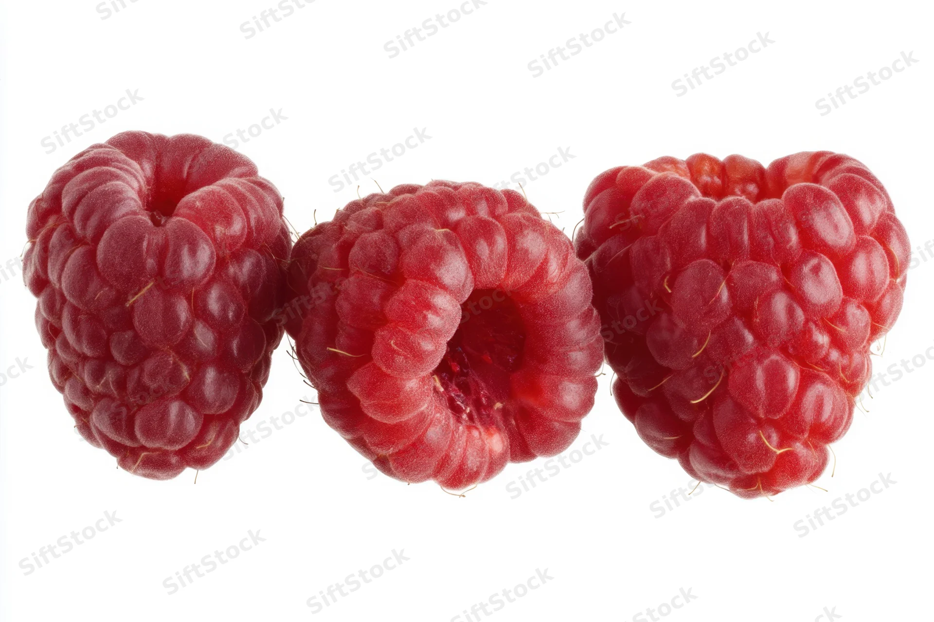 Three plump raspberries arranged side by side on a white background
