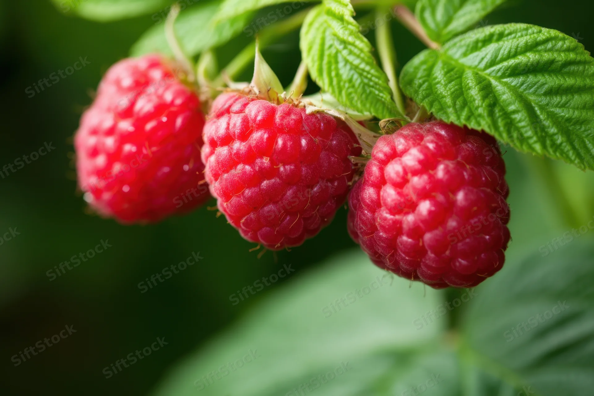 Three plump red raspberries clustered on a stem with green leaves in a garden setting