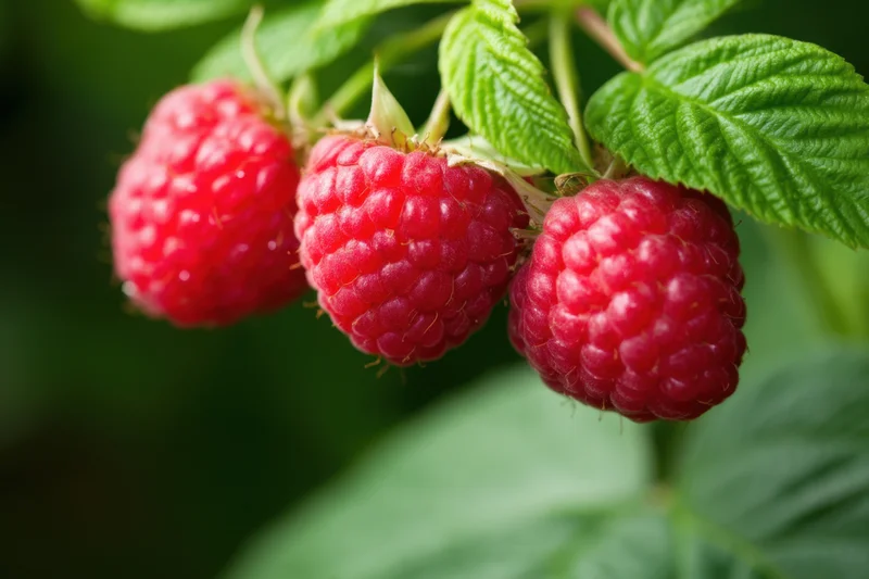Three plump red raspberries clustered on a stem with green leaves in a garden setting