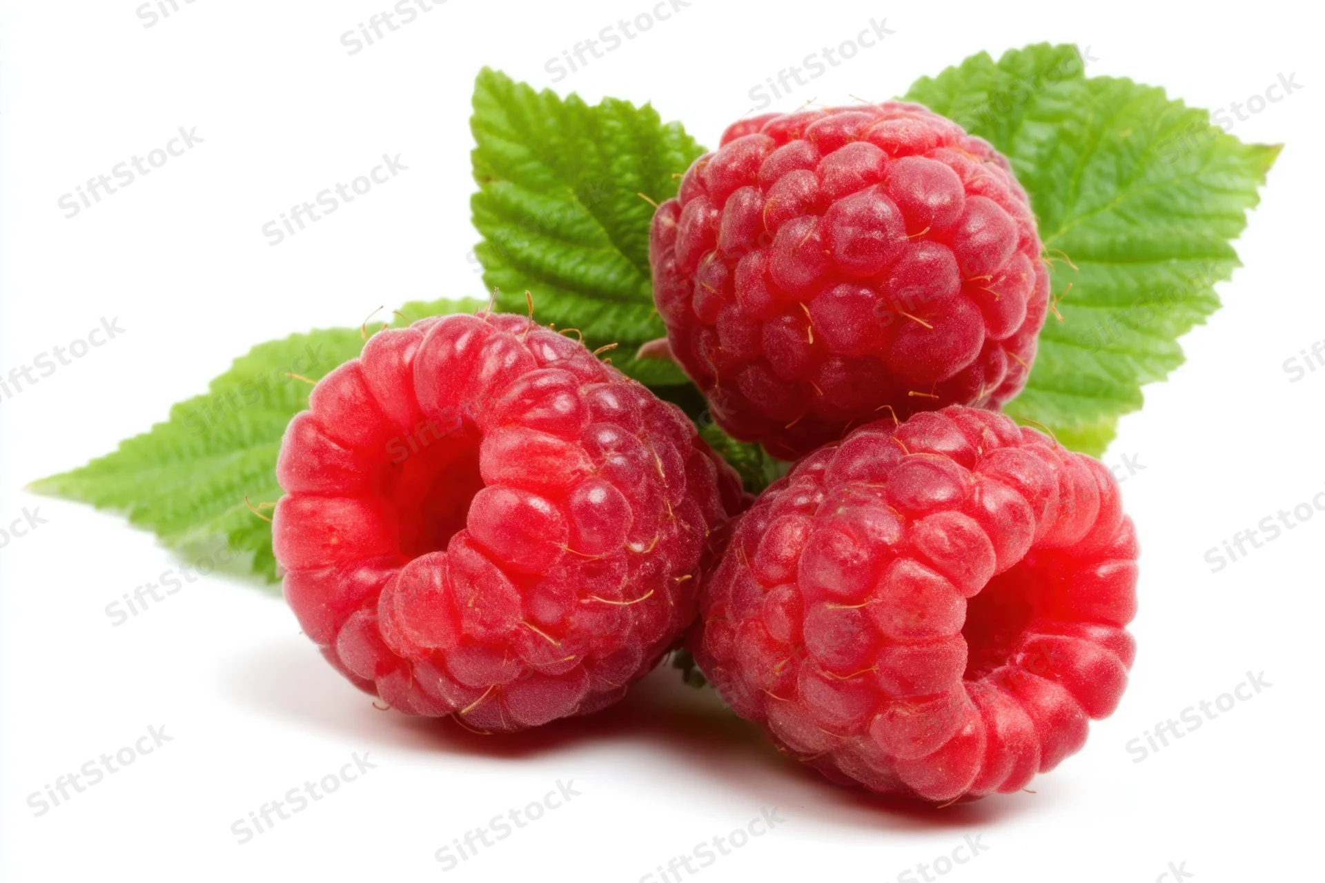 Three plump red raspberries with green leaves arranged on a white background