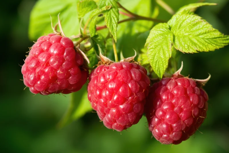 Three plump red raspberries clustered on a stem with green leaves in a garden setting
