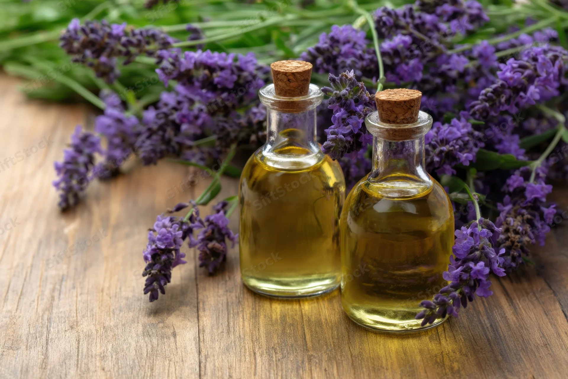 Two glass bottles filled with golden lavender oil arranged on a wooden table with fresh lavender sprigs around them