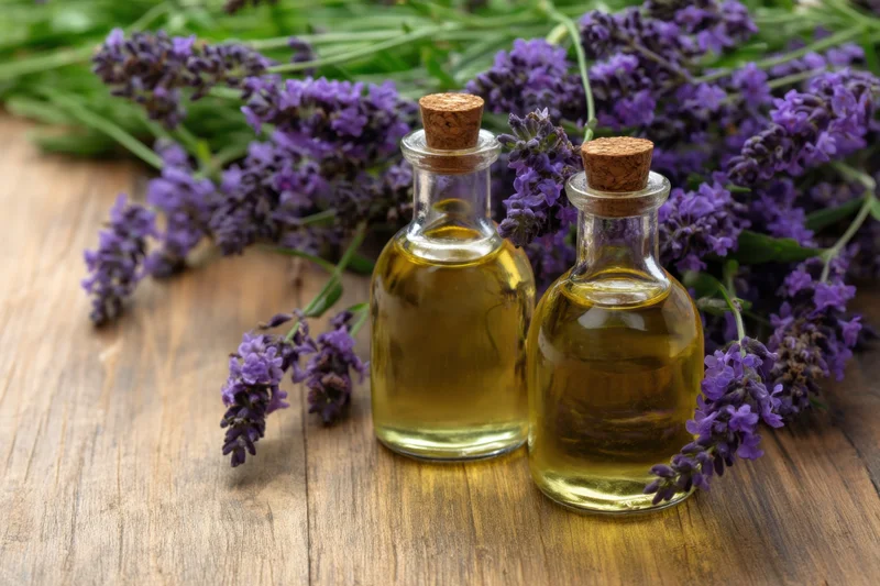 Two glass bottles filled with golden lavender oil arranged on a wooden table with fresh lavender sprigs around them