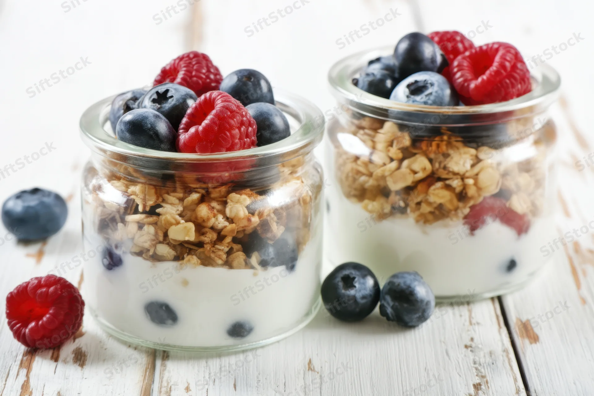 Two glass jars filled with layered yogurt, granola and mixed berries on a rustic wooden surface