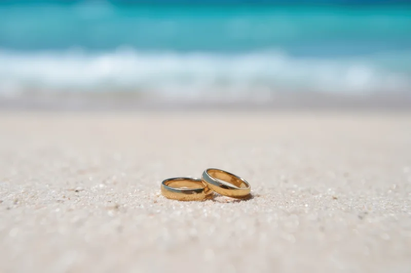 Two golden wedding rings resting on sandy beach near ocean waves