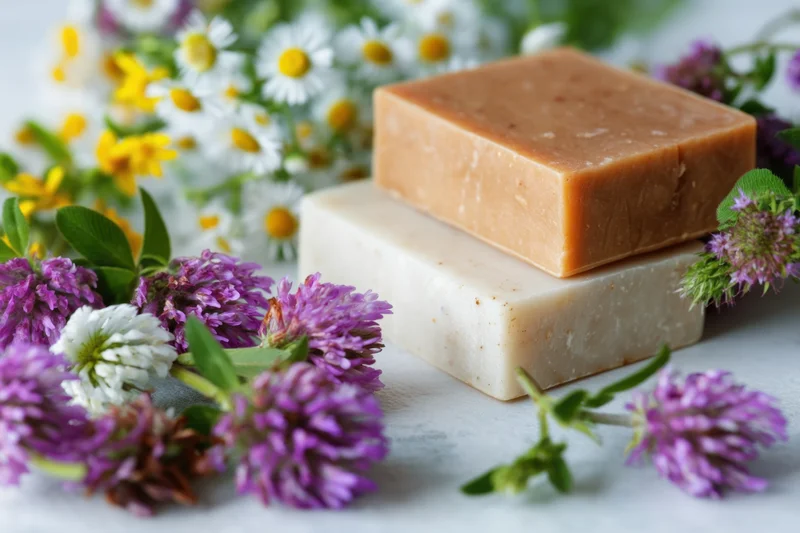 Two natural soap bars stacked on a light surface surrounded by wildflowers