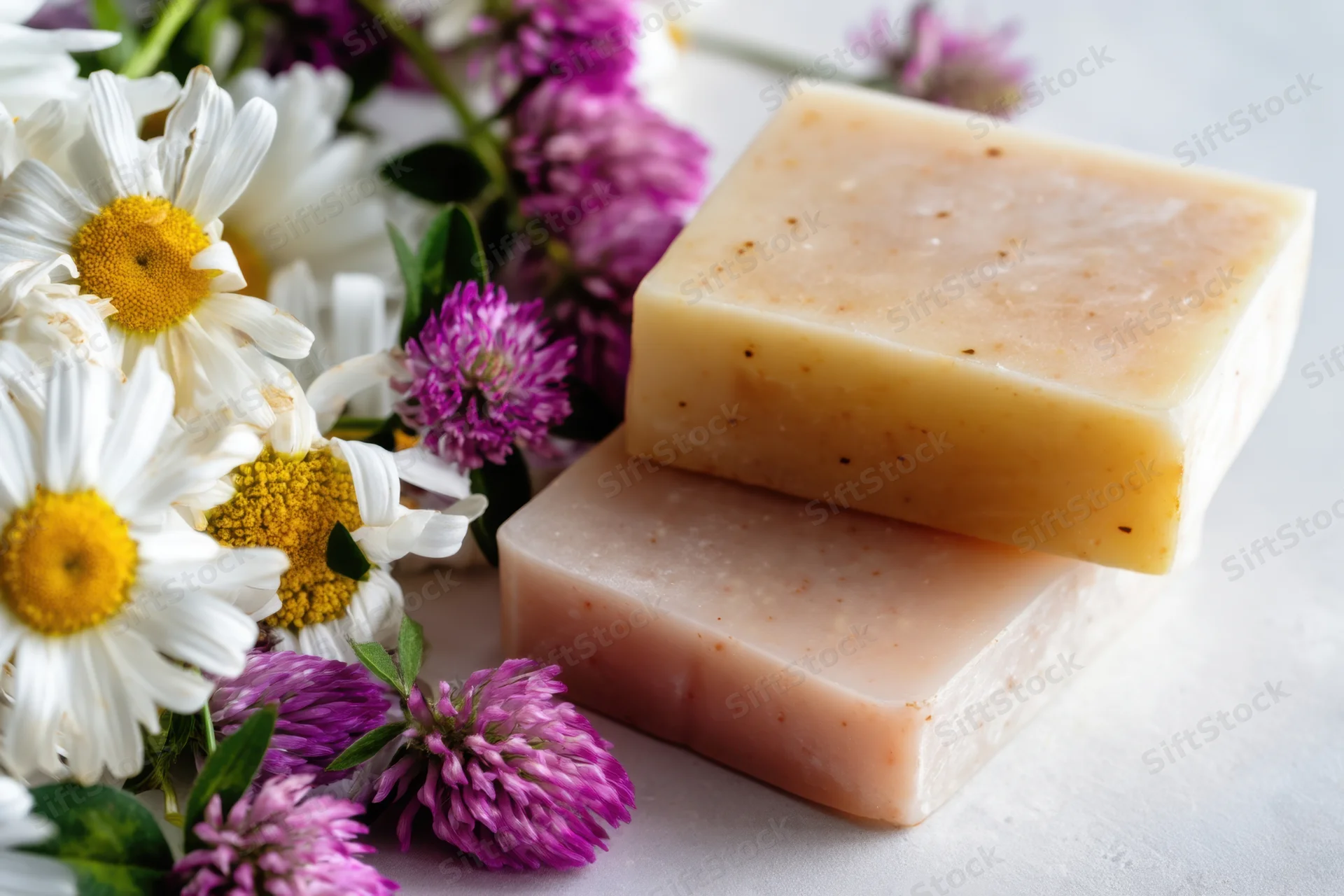 Two natural soap bars stacked on a light surface surrounded by daisies and purple clover flowers