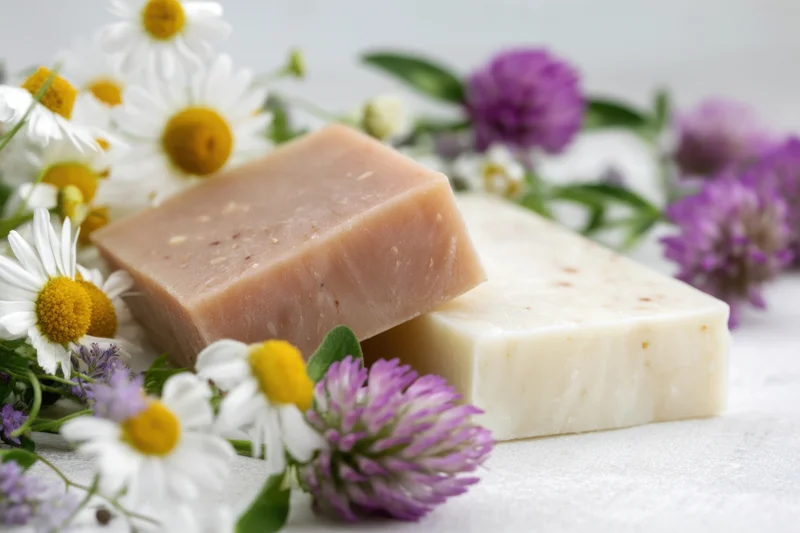 Two natural soap bars resting on a light surface surrounded by white daisies and purple clover flowers