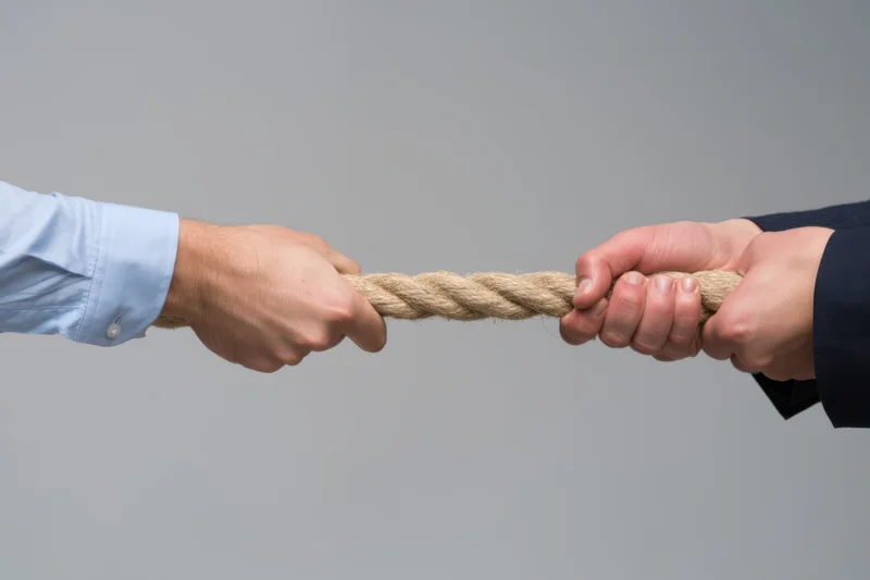 Two pairs of hands gripping a rope in a tug-of-war against a plain background