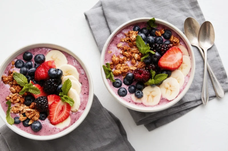 Two smoothie bowls topped with berries, banana, granola and mint on a gray napkin with spoons beside them