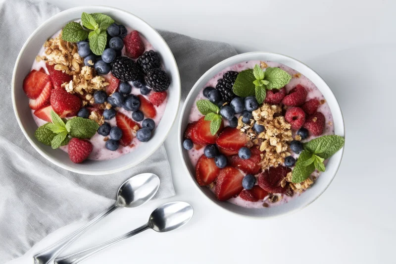 Two smoothie bowls topped with mixed berries and granola on a white surface with spoons and a cloth napkin