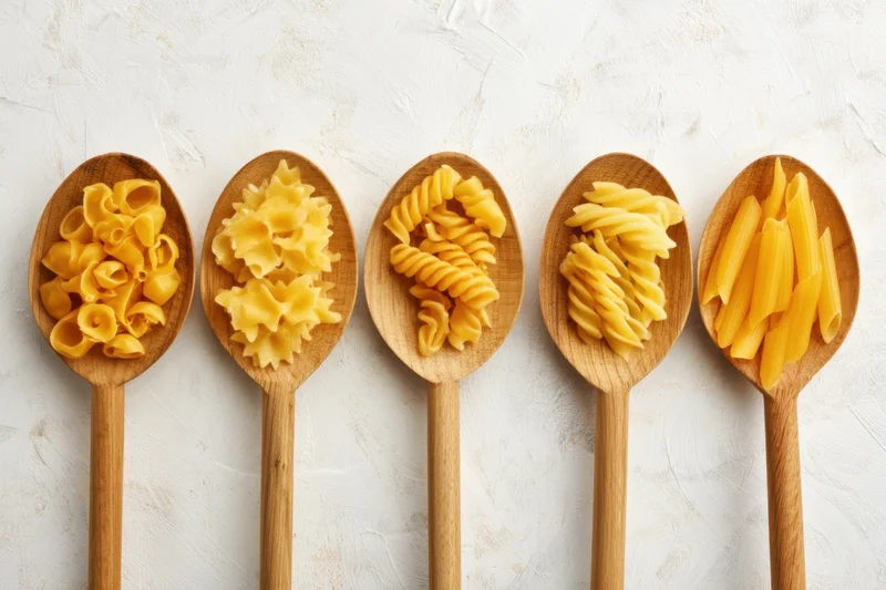 Various types of uncooked pasta arranged on wooden spoons in a row on a light textured surface