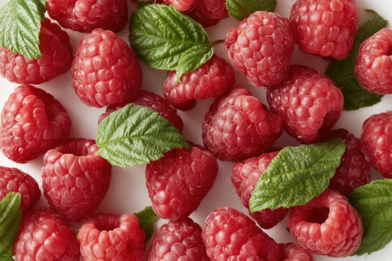 Fresh raspberries with green leaves arranged on white surface