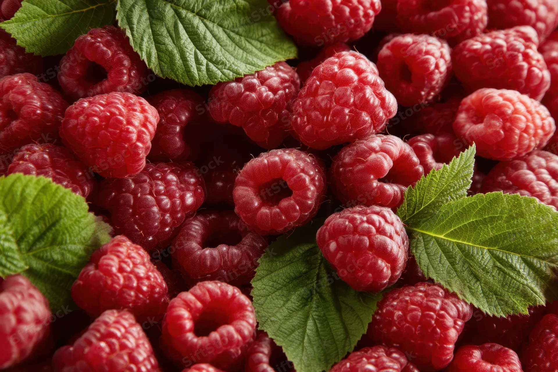 Fresh raspberries arranged with green leaves in a close-up view