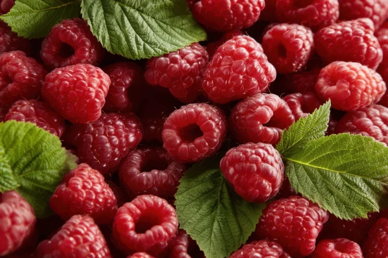 Fresh raspberries arranged with green leaves in a close-up view