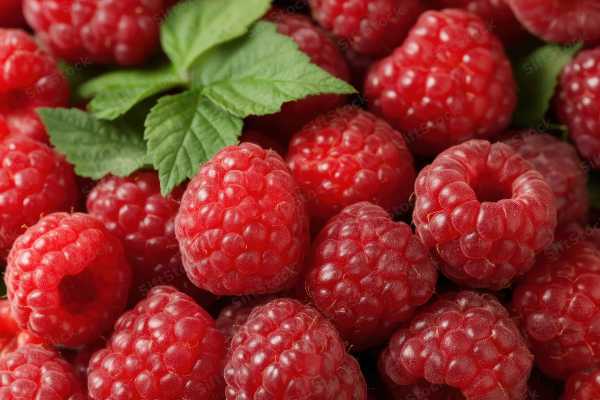Fresh raspberries arranged with green leaves in a close-up view