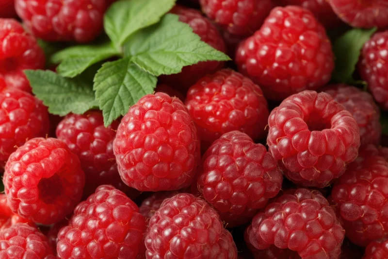 Fresh raspberries arranged with green leaves in a close-up view