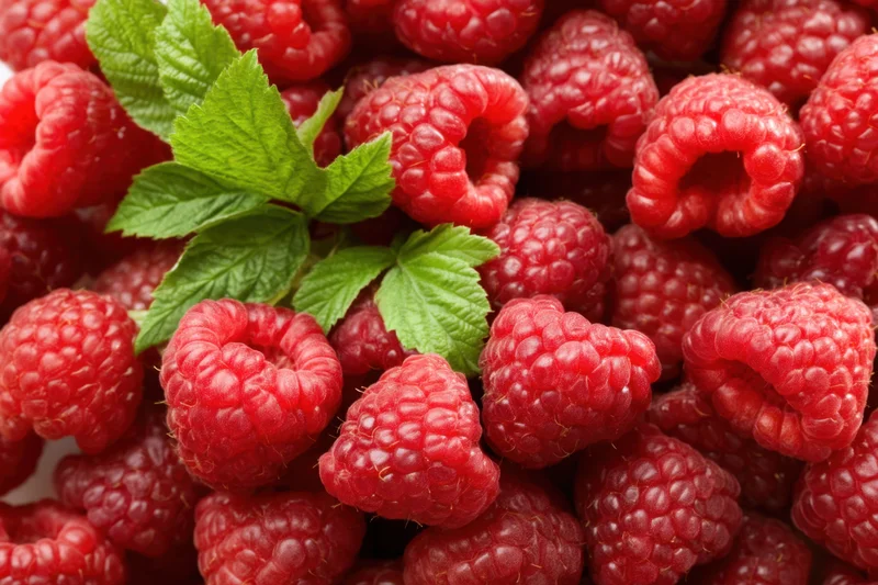 Fresh raspberries arranged with green leaves in a close-up view
