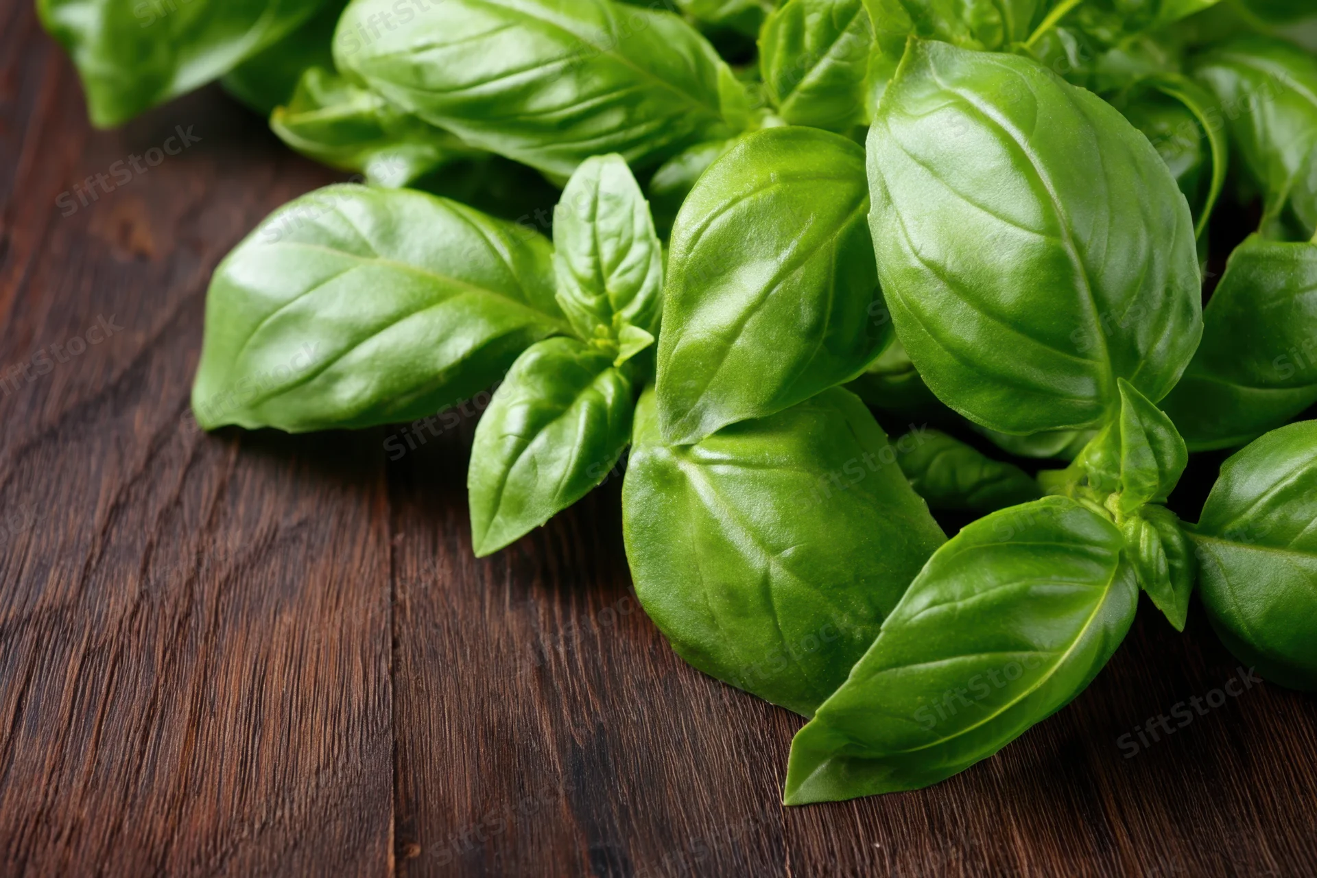 Fresh basil leaves arranged on a dark wooden surface with copyspace