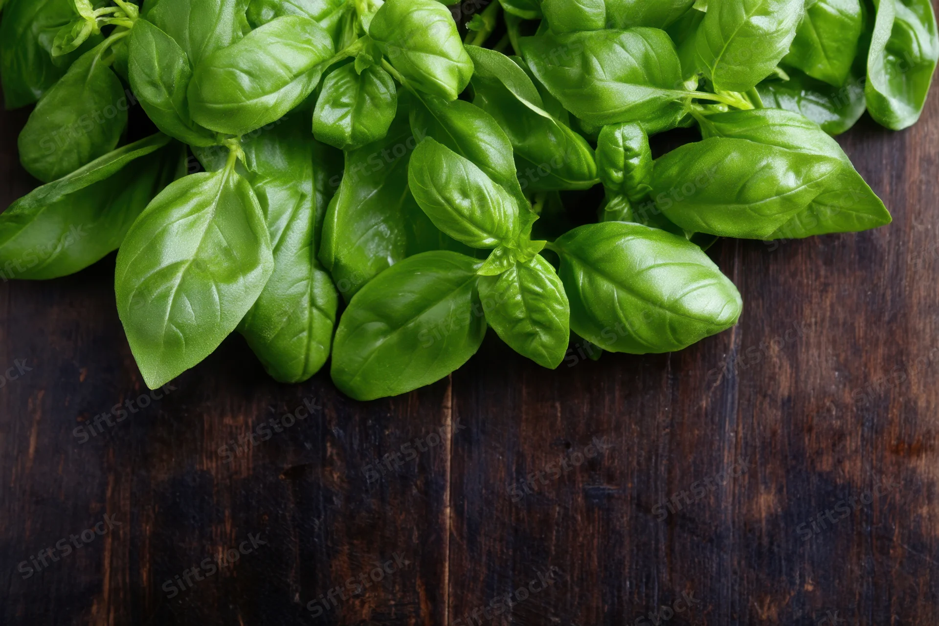 Fresh basil leaves arranged on dark wooden surface with copyspace