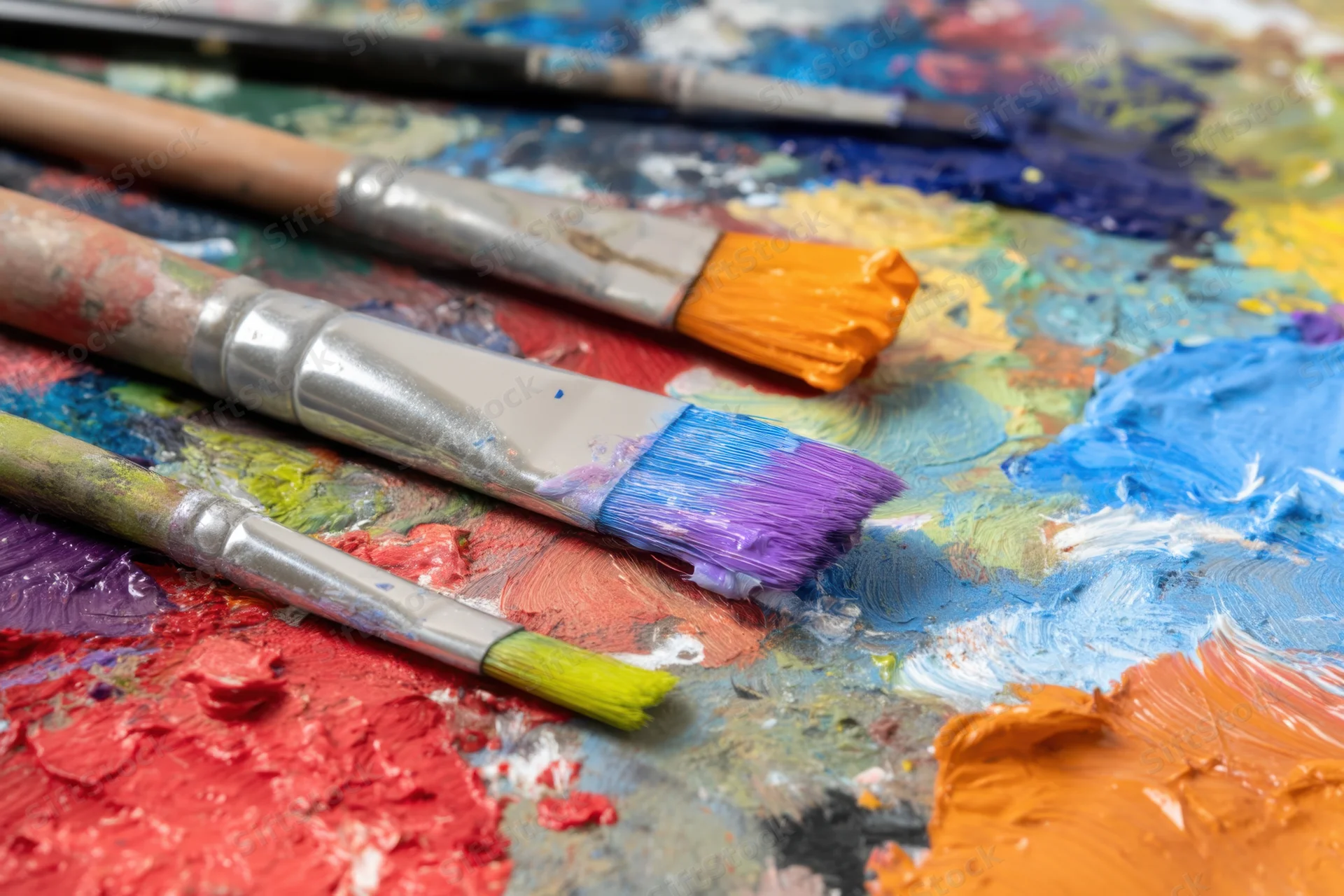 Paintbrushes resting on a colorful palette covered in mixed paint