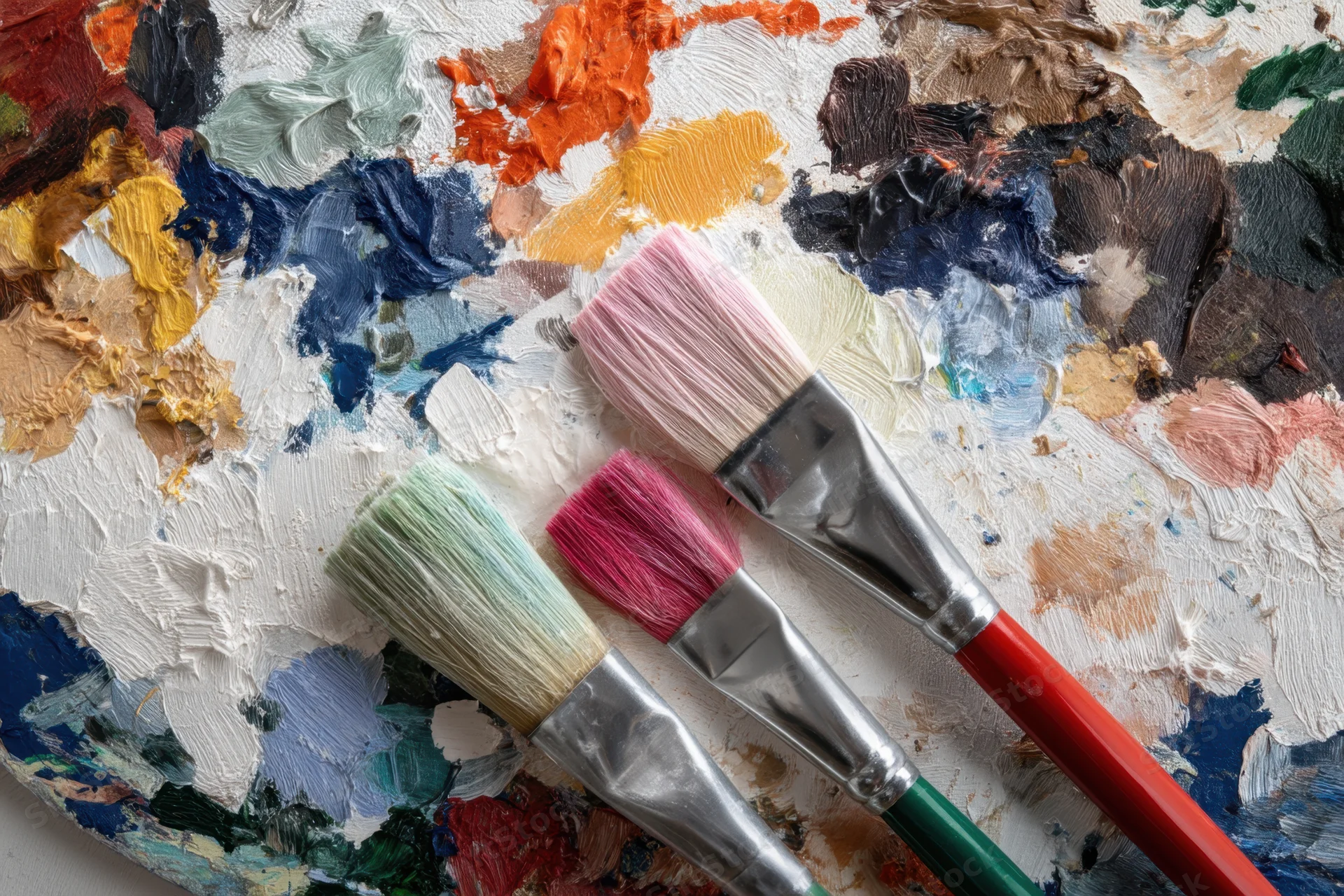 Paintbrushes resting on a colorful oil paint palette in an artist's studio