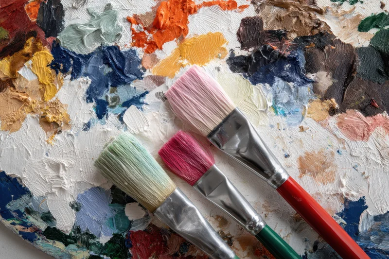 Paintbrushes resting on a colorful oil paint palette in an artist's studio