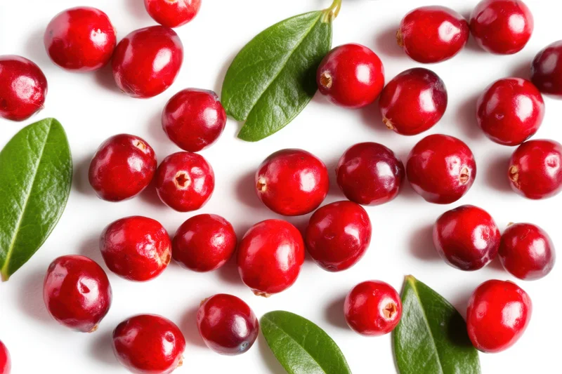 Fresh cranberries scattered with green leaves on white background