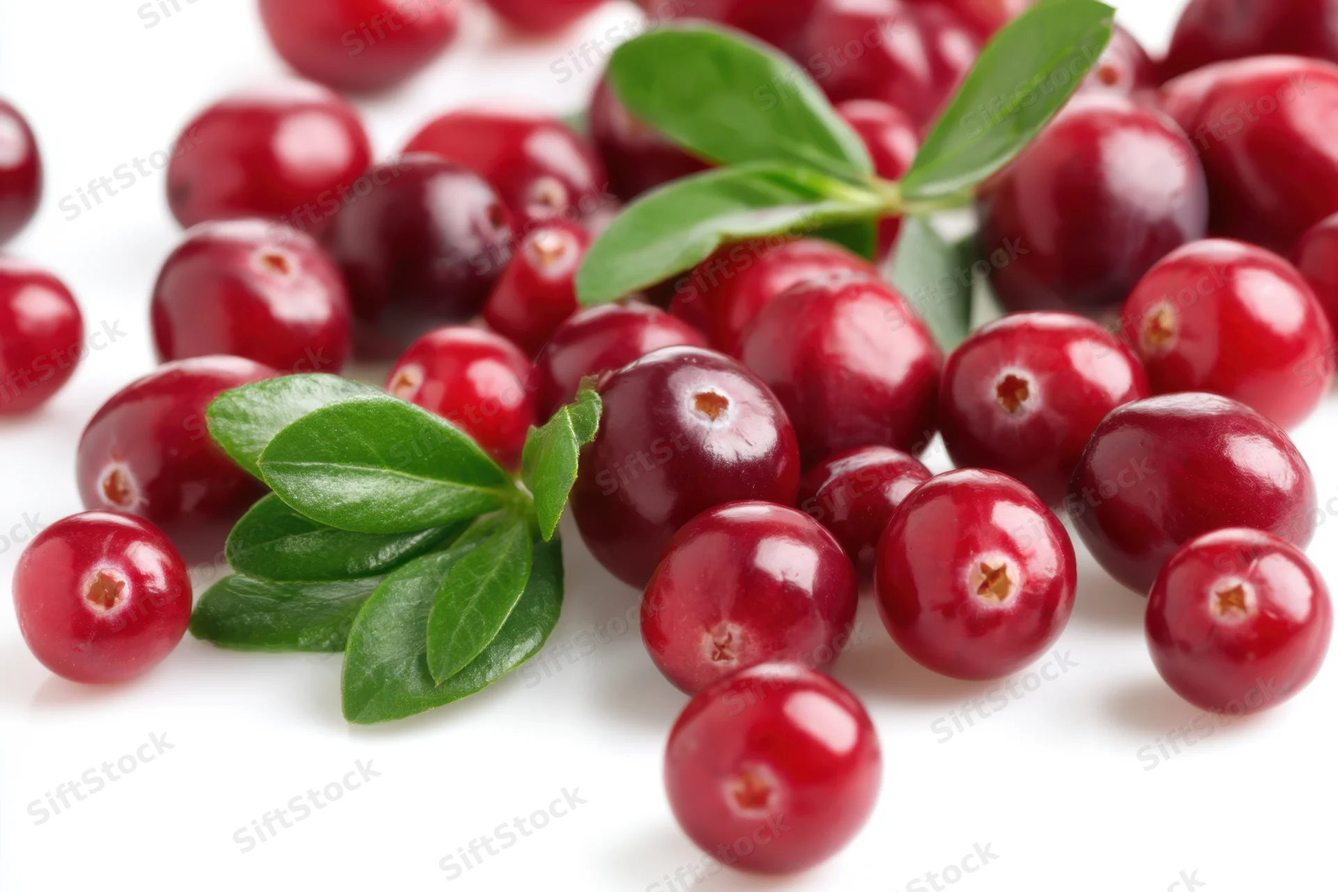 Vibrant red cranberries scattered across a white background with green leaves
